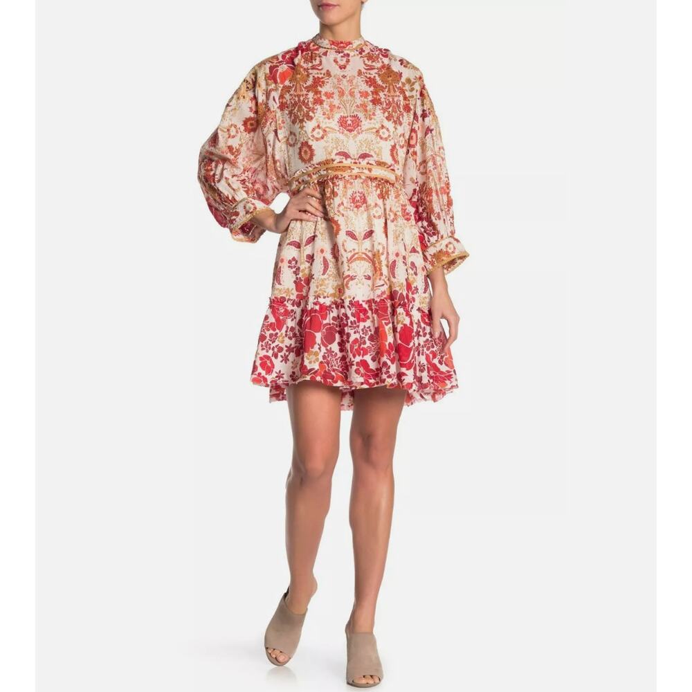 NEW Free People NOUVEAU High Neck Bow Tie Mini Dress in Red Combo L NWOT $128